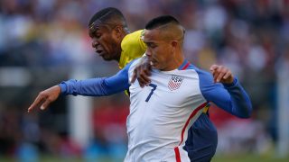SEATTLE, WA - JUNE 16: Bobby Wood #7 of the United States battles Frickson Erazo #3 of Ecuador during the 2016 Quarterfinal - Copa America Centenario match at CenturyLink Field on June 16, 2016 in Seattle, Washington. (Photo by Otto Greule Jr/Getty Images)