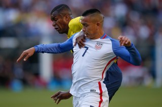 SEATTLE, WA - JUNE 16: Bobby Wood #7 of the United States battles Frickson Erazo #3 of Ecuador during the 2016 Quarterfinal - Copa America Centenario match at CenturyLink Field on June 16, 2016 in Seattle, Washington. (Photo by Otto Greule Jr/Getty Images)