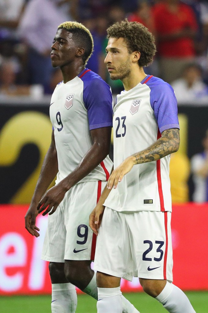 HOUSTON, TX - JUNE 21: Gyasi Zardes #9 and Fabian Johnson #23 of United States react after being defeated by Argentina 4-0 in a 2016 Copa America Centenario Semifinal match at NRG Stadium on June 21, 2016 in Houston, Texas. (Photo by Scott Halleran/Getty Images)