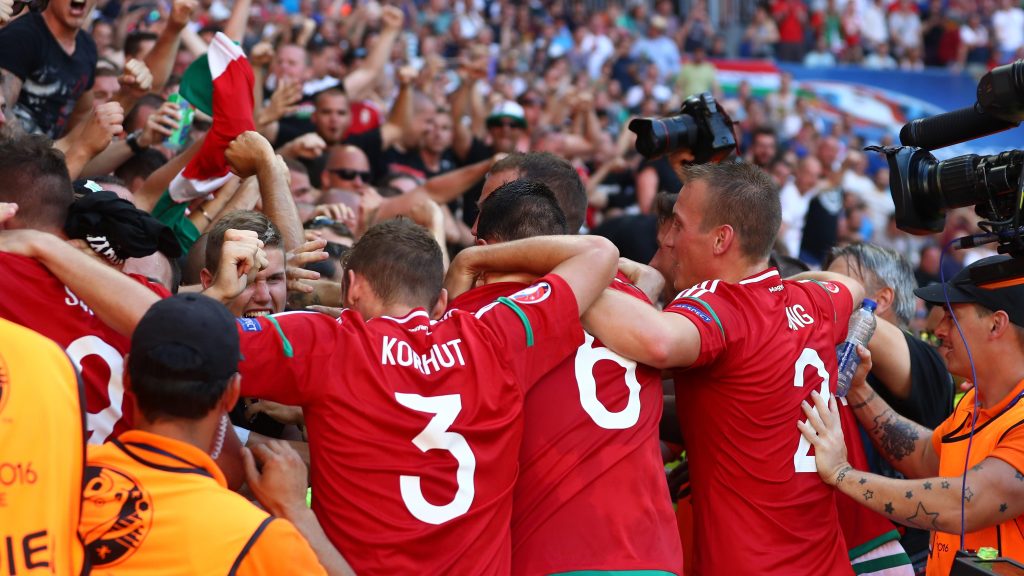 LYON, FRANCE - JUNE 22: Hungary players celebrate their team's third goal with supporters during the UEFA EURO 2016 Group F match between Hungary and Portugal at Stade des Lumieres on June 22, 2016 in Lyon, France.  (Photo by Julian Finney/Getty Images)