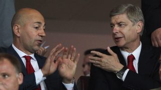 LONDON, ENGLAND - SEPTEMBER 28: Arsene Wenger manager of Arsenal (R) and Ivan Gazidis, CEO of Arsenal (L) in discussion as they sit in the stands prior to the UEFA Champions League Group F match between Arsenal and Olympiacos at the Emirates Stadium on September 28, 2011 in London, England. (Photo by Clive Rose/Getty Images)