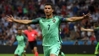 LYON, FRANCE - JULY 06: Cristiano Ronaldo of Portugal celebrates scoring the opening goal during the UEFA EURO 2016 semi final match between Portugal and Wales at Stade des Lumieres on July 6, 2016 in Lyon, France. (Photo by Stu Forster/Getty Images)