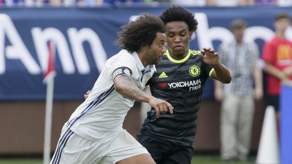 ANN ARBOR, MI - JULY 30:  Willian #22 of Chelsea defends against Marcelo Vieira Da Silva #12 of Real Madrid during the first half at Michigan Stadium on July 30, 2016 in Ann Arbor, Michigan. (Photo by Duane Burleson/Getty Images)