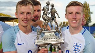 AVIGNON, FRANCE - MAY 29: James Ward Prowse, Jack Stephens and Matthew Targett, all of Southampton and England pose with the trophy during the Final of the Toulon Tournament between England and France at Parc Des Sports on May 29, 2016 in Avignon, France. (Photo by Harry Trump/Getty Images)