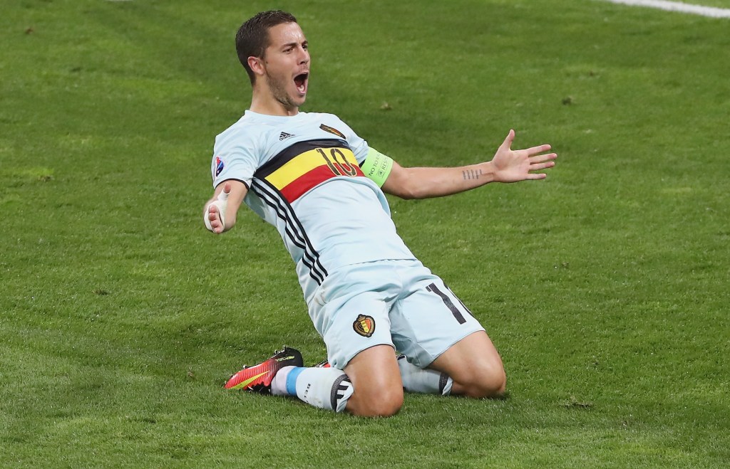 TOULOUSE, FRANCE - JUNE 26: Eden Hazard of Belgium slides on his knees as he celebrates scoring his team's third goal during the UEFA EURO 2016 round of 16 match between Hungary and Belgium at Stadium Municipal on June 26, 2016 in Toulouse, France. (Photo by Dean Mouhtaropoulos/Getty Images)