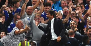 LONDON, ENGLAND - AUGUST 15: Antonio Conte, Manager of Chelsea celebrates the goal scored by Diego Costa of Chelsea during the Premier League match between Chelsea and West Ham United at Stamford Bridge on August 15, 2016 in London, England. (Photo by Mike Hewitt/Getty Images)