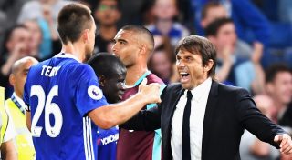 LONDON, ENGLAND - AUGUST 15: Antonio Conte, Manager of Chelsea celebrates victory with John Terry of Chelsea after the Premier League match between Chelsea and West Ham United at Stamford Bridge on August 15, 2016 in London, England. (Photo by Michael Regan/Getty Images)