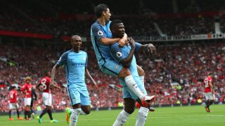 MANCHESTER, ENGLAND - SEPTEMBER 10: Kelechi Iheanacho (R) of Manchester City celebrates scoring his sides second goal while team mate Nolito (C) of Manchester City jumps on his back during the Premier League match between Manchester United and Manchester City at Old Trafford on September 10, 2016 in Manchester, England. (Photo by Alex Livesey/Getty Images)