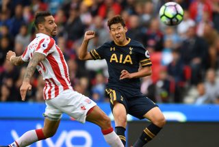 STOKE ON TRENT, ENGLAND - SEPTEMBER 10: Heung-Min Son of Tottenham Hotspur scores his sides second goal during the Premier League match between Stoke City and Tottenham Hotspur at Britannia Stadium on September 10, 2016 in Stoke on Trent, England. (Photo by Laurence Griffiths/Getty Images)