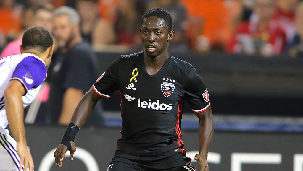 September 24 2016: Orlando City FC defender Kevin Alston (12) defends against D.C. United forward Patrick Nyarko (12) during a MLS match at RFK Stadium in Washington D.C. DC United defeated Orlando City SC. 4-1. (Photo by Tony Quinn/IconSportswire)