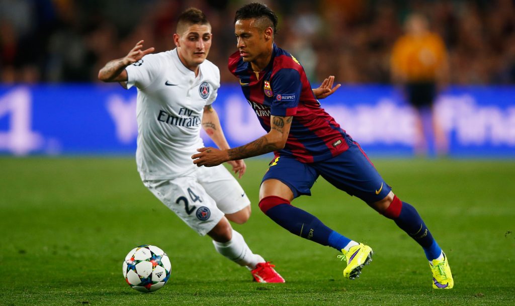 BARCELONA, SPAIN - APRIL 21: Neymar of Barcelona takes on Marco Verratti of PSG during the UEFA Champions League Quarter Final second leg match between FC Barcelona and Paris Saint-Germain at Camp Nou on April 21, 2015 in Barcelona, Spain. (Photo by Clive Rose/Getty Images)