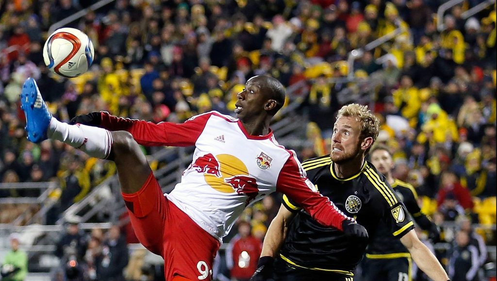 COLUMBUS, OH - NOVEMBER 22: Bradley Wright-Phillips #99 of the New York Red Bulls kicks the ball towards the goal after slipping past Tyson Wahl #2 of the Columbus Crew SC during the second half on November 22, 2015 at MAPFRE Stadium in Columbus, Ohio. Columbus defeated New York 2-0. (Photo by Kirk Irwin/Getty Images)