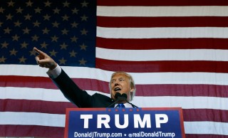 MESA, AZ - DECEMBER 16: Republican presidential candidate Donald Trump speaks to guest gathered during a campaign event at the International Air Response facility on December 16, 2015 in Mesa, Arizona. Trump is in Arizona the day after the Republican Presidential Debate hosted by CNN in Las Vegas, Nevada. (Photo by Ralph Freso/Getty Images)