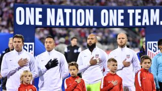 COLUMBUS, OH - NOVEMBER 11: The United States stand for the playing of the National Anthem prior to the FIFA 2018 World Cup Qualifier against Mexico at MAPFRE Stadium on November 11, 2016 in Columbus, Ohio. (Photo by Jamie Sabau/Getty Images)