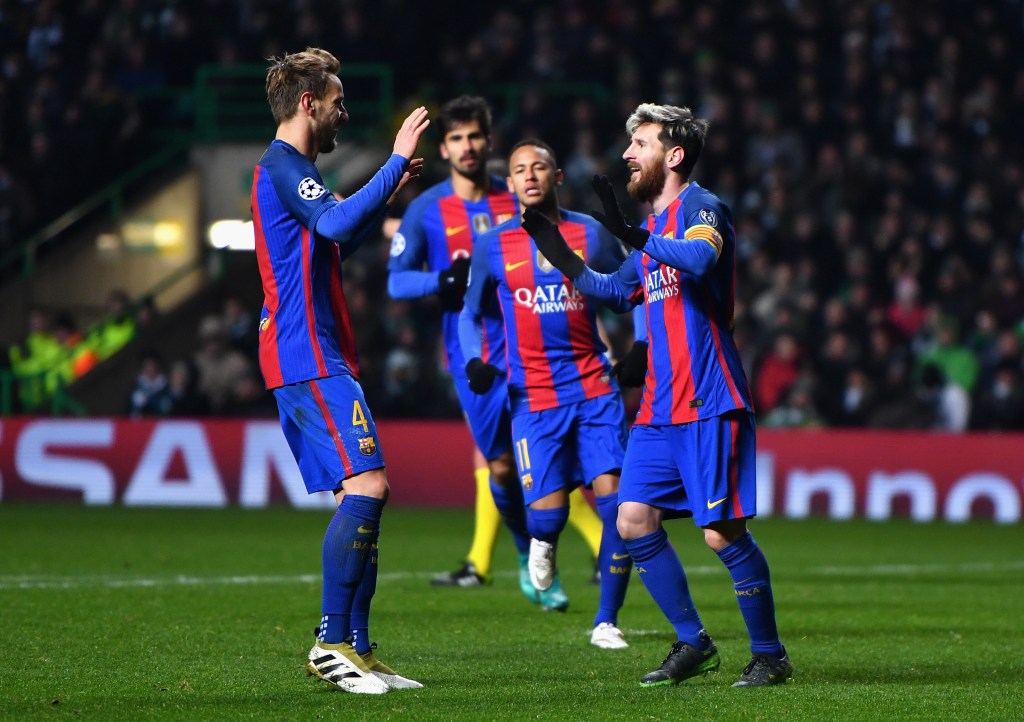 GLASGOW, SCOTLAND - NOVEMBER 23: Lionel Messi of Barcelona (R) celebrates scoring his sides second goal with Ivan Rakitic of Barcelona (L) during the UEFA Champions League Group C match between Celtic FC and FC Barcelona at Celtic Park Stadium on November 23, 2016 in Glasgow, Scotland. (Photo by Mike Hewitt/Getty Images)