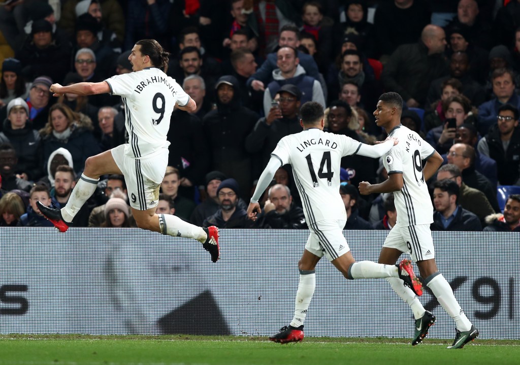 LONDON, ENGLAND - DECEMBER 14: Zlatan Ibrahimovic (L) of Manchester United celebrates scoring his team's second goal during the Premier League match between Crystal Palace and Manchester United at Selhurst Park on December 14, 2016 in London, England. (Photo by Clive Rose/Getty Images)