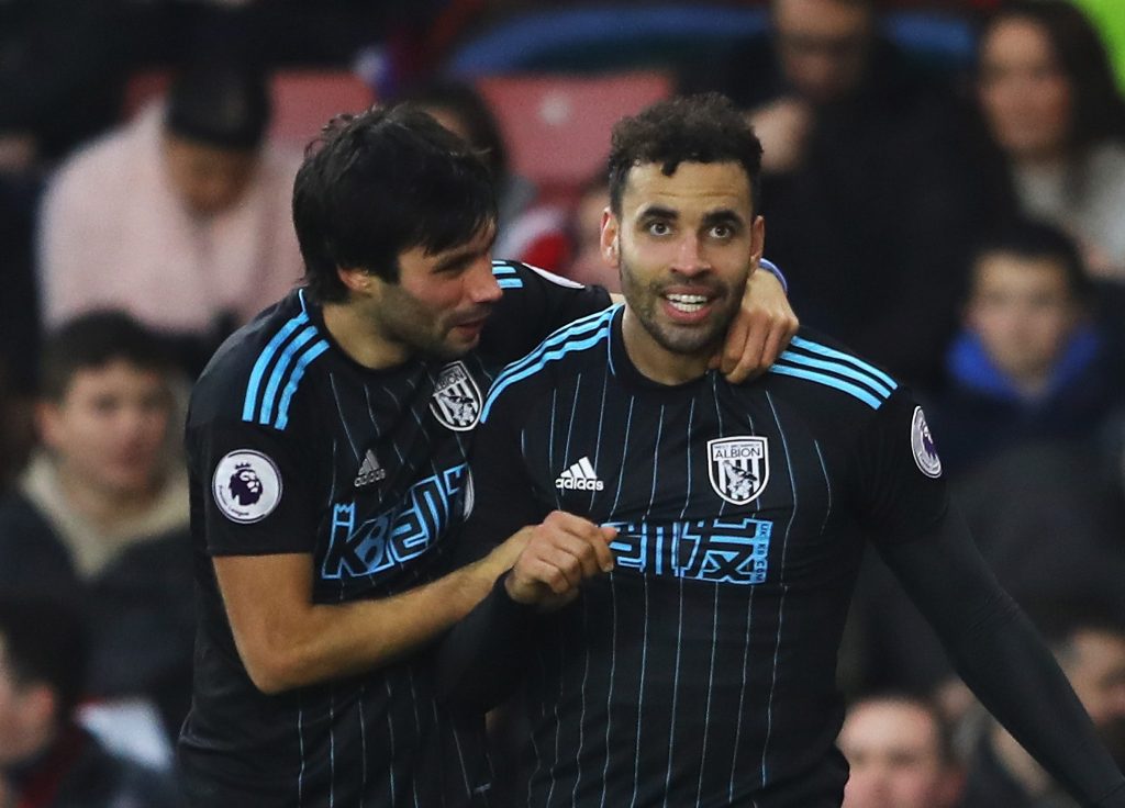 SOUTHAMPTON, ENGLAND - DECEMBER 31: Hal Robson-Kanu (R) of West Bromwich Albion celebrates scoring his side's second goal with his team mate Claudio Yacob (L) during the Premier League match between Southampton and West Bromwich Albion at St Mary's Stadium on December 31, 2016 in Southampton, England. (Photo by Warren Little/Getty Images)