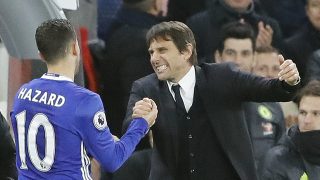 Chelsea's Eden Hazard, left, and Chelsea's team manager Antonio Conte celebrate after winning the English Premier League soccer match between Chelsea and Bournemouth at Stamford Bridge stadium in London, Monday, Dec. 26, 2016.(AP Photo/Frank Augstein)
