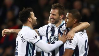 WEST BROMWICH, ENGLAND - JANUARY 02: Gareth McAuley of West Bromwich Albion (C) celebrates scoring his sides second goal with Jose Salomon Rondon of West Bromwich Albion (R) and Hal Robson-Kanu of West Bromwich Albion (L) during the Premier League match between West Bromwich Albion and Hull City at The Hawthorns on January 2, 2017 in West Bromwich, England. (Photo by Julian Finney/Getty Images)