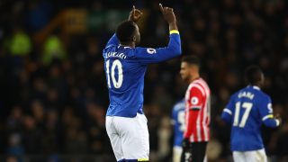 LIVERPOOL, ENGLAND - JANUARY 02: Romelu Lukaku of Everton celebrates scoring his team's third goal during the Premier League match between Everton and Southampton at Goodison Park on January 2, 2017 in Liverpool, England. (Photo by Clive Brunskill/Getty Images)