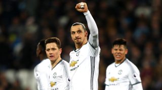 STRATFORD, ENGLAND - JANUARY 02: Zlatan Ibrahimovic of Manchester United celebrates scoring his team's second goal during the Premier League match between West Ham United and Manchester United at London Stadium on January 2, 2017 in Stratford, England. (Photo by Ian Walton/Getty Images)