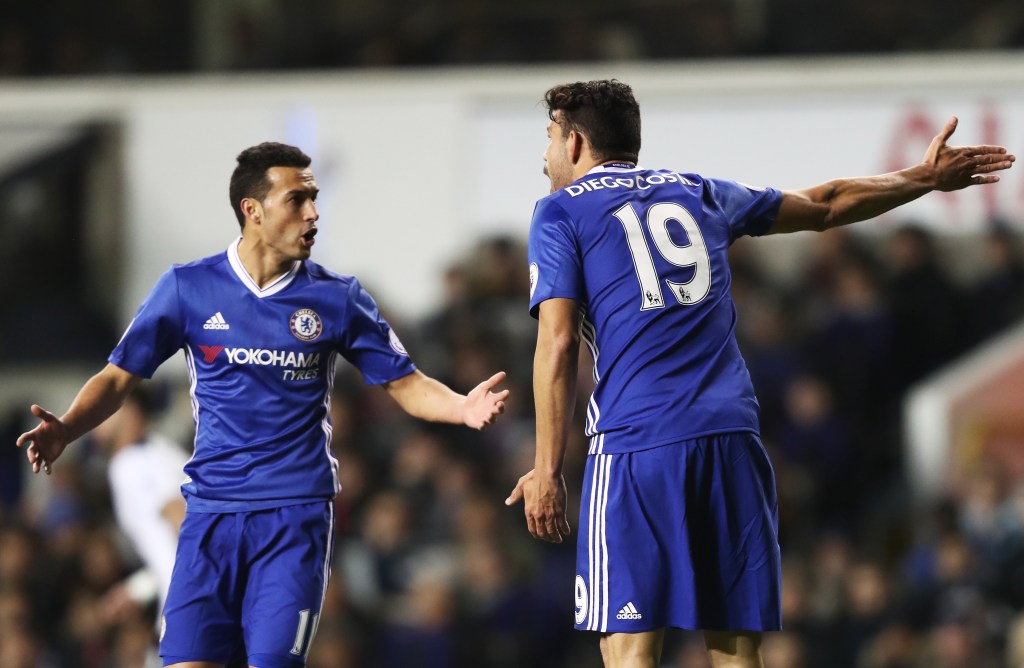 LONDON, ENGLAND - JANUARY 04: Pedro of Chelsea (L) and Diego Costa of Chelsea (R) argue during the Premier League match between Tottenham Hotspur and Chelsea at White Hart Lane on January 4, 2017 in London, England. (Photo by Clive Rose/Getty Images)