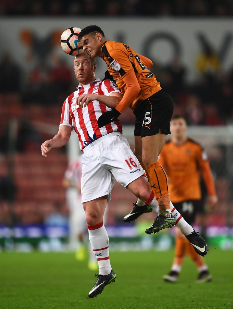 STOKE ON TRENT, ENGLAND - JANUARY 07: Morgan Gibbs-White of Wolverhampton Wanderers and Charlie Adam of Stoke City compete for the ball during The Emirates FA Cup Third Round match between Stoke City and Wolverhampton Wanderers at Bet365 Stadium on January 7, 2017 in Stoke on Trent, England. (Photo by Laurence Griffiths/Getty Images)