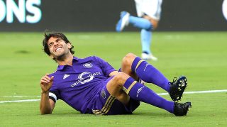 ORLANDO, FL - MARCH 05: Kaka #10 of Orlando City SC goes down with a leg injury during a MLS soccer match between New York City FC and Orlando City SC at the Orlando City Stadium on March 5, 2017 in Orlando, Florida. (Photo by Alex Menendez/Getty Images)