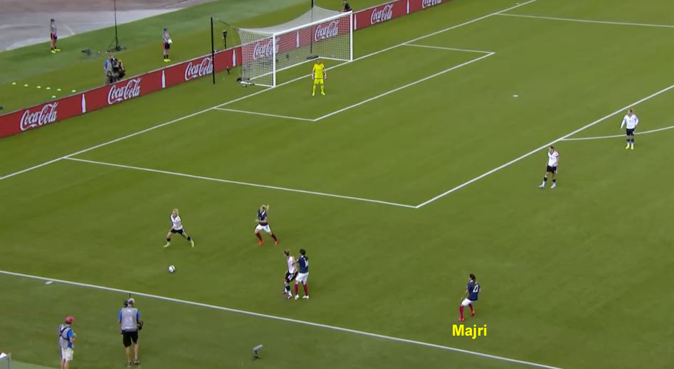 France LB Majri pushes high up the pitch against Germany.