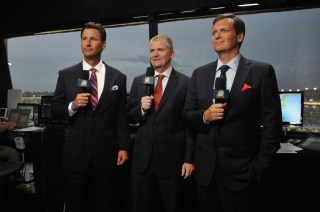 Rick Allen with Jeff Burton and Steve Letarte in the NBC Sports NASCAR booth