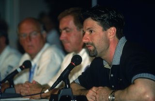 29 Apr 2001: Michael Andretti who drives a Honda Reynard for Team Motorola sits next to Joe Heitzler and Steve Olvey as he talks about G-Forces after the Firestone Firehawk 600, part of the CART FedEx Championship Series at the Texas Motor Speedway in Fort Worth, Texas.Mandatory Credit: Robert Laberge /Allsport