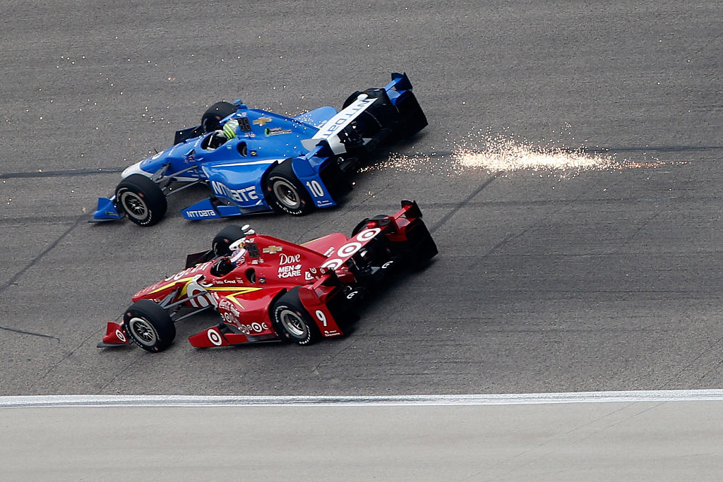 FORT WORTH, TX - JUNE 12:  Tony Kanaan of Brazil, driver of the #10 NTT Data Chip Ganassi Racing Chevrolet, races Scott Dixon of New Zealand, driver of the #9 Target Chip Ganassi Racing Chevrolet, during the Verizon IndyCar Series Firestone 600 at Texas Motor Speedway on June 12, 2016 in Fort Worth, Texas.  (Photo by Brian Lawdermilk/Getty Images for Texas Motor Speedways)
