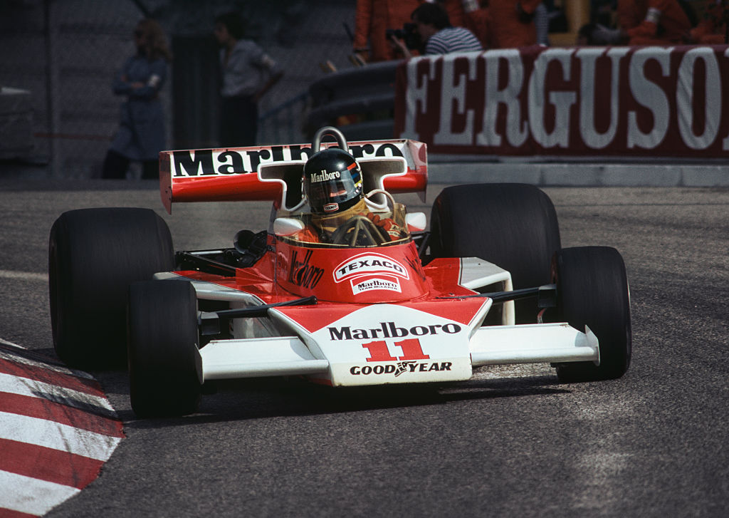 James Hunt of Great Britain drives the #11 Marlboro Team McLaren McLaren M23 Ford V8 during the Grand Prix of Monaco on 30 May 1976 on the streets of the Principality of Monaco in Monte Carlo, Monaco. (Photo by Tont Duffy/Getty Images)