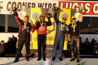 Sunday's season-ending race winners in the Auto Club Finals, from left: Greg Anderson (Pro Stock), Tommy Johnson Jr. (Funny Car), Doug Kalitta (Top Fuel) and Matt Smith (Pro Stock Motorcycle).