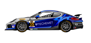 No. 35 Porsche Cayman GT4. Rendering by Andy Blackmore Design; photo courtesy CJ Wilson Racing