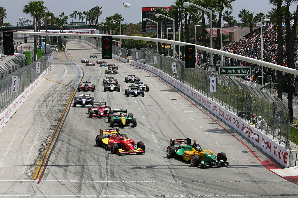 LONG BEACH, CA - APRIL 20: Will Power of Australia, driver of the #8 KV Racing Technology DP01 Ford Cosworth, leads the field at the start of the Champ Car World Series Toyota Grand Prix of Long Beach April 20, 2008 in Long Beach, California. (Photo by Robert Laberge/Getty Images)