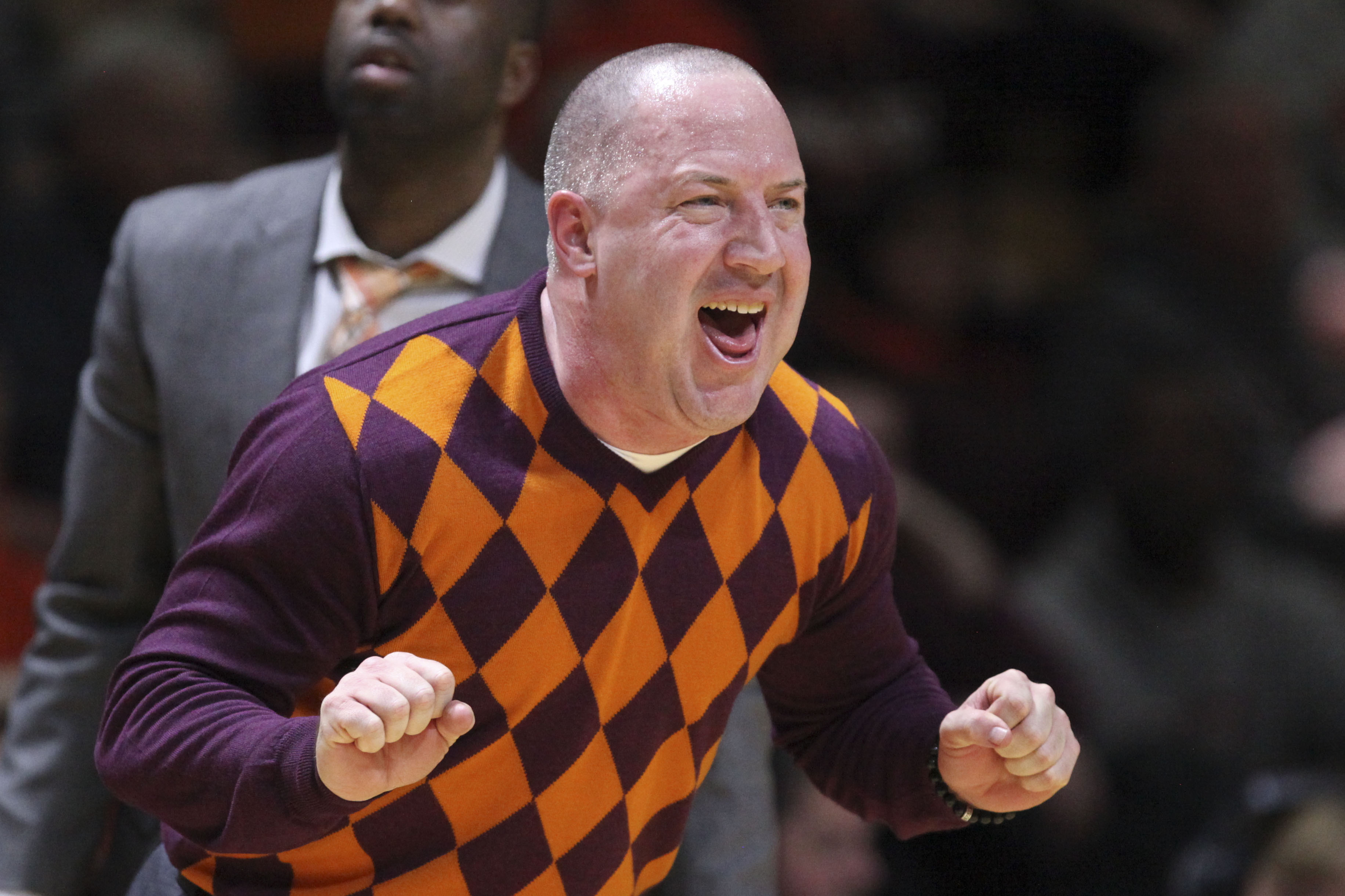 Virginia Tech head coach Buzz Williams celebrates in the final moments of the Virginia Tech, Georgia Tech NCAA basketball game in Blacksburg, Va., Monday, Feb. 9, 2015. Virginia Tech won 65-63.  (AP Photo / The Roanoke Times, Matt Gentry)    LOCAL TELEVISION OUT; SALEM TIMES REGISTER OUT; FINCASTLE HERALD OUT;  CHRISTIANBURG NEWS MESSENGER OUT; RADFORD NEWS JOURNAL OUT; ROANOKE STAR SENTINEL OUT