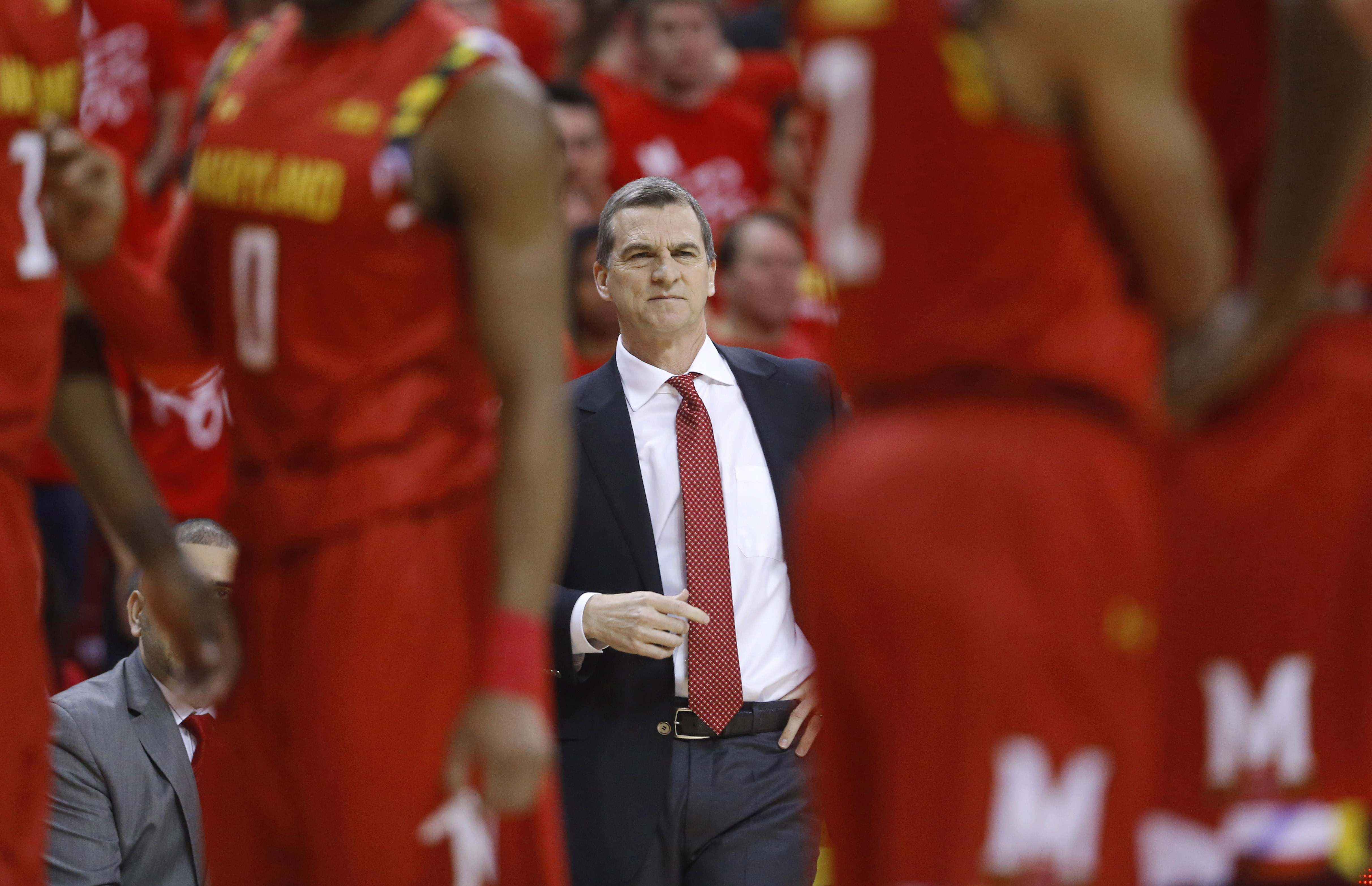 Maryland head coach Mark Turgeon watches from the sideline during a break in play in the first half of an NCAA college basketball game against Purdue, Saturday, Feb. 6, 2016, in College Park, Md. (AP Photo/Patrick Semansky)
