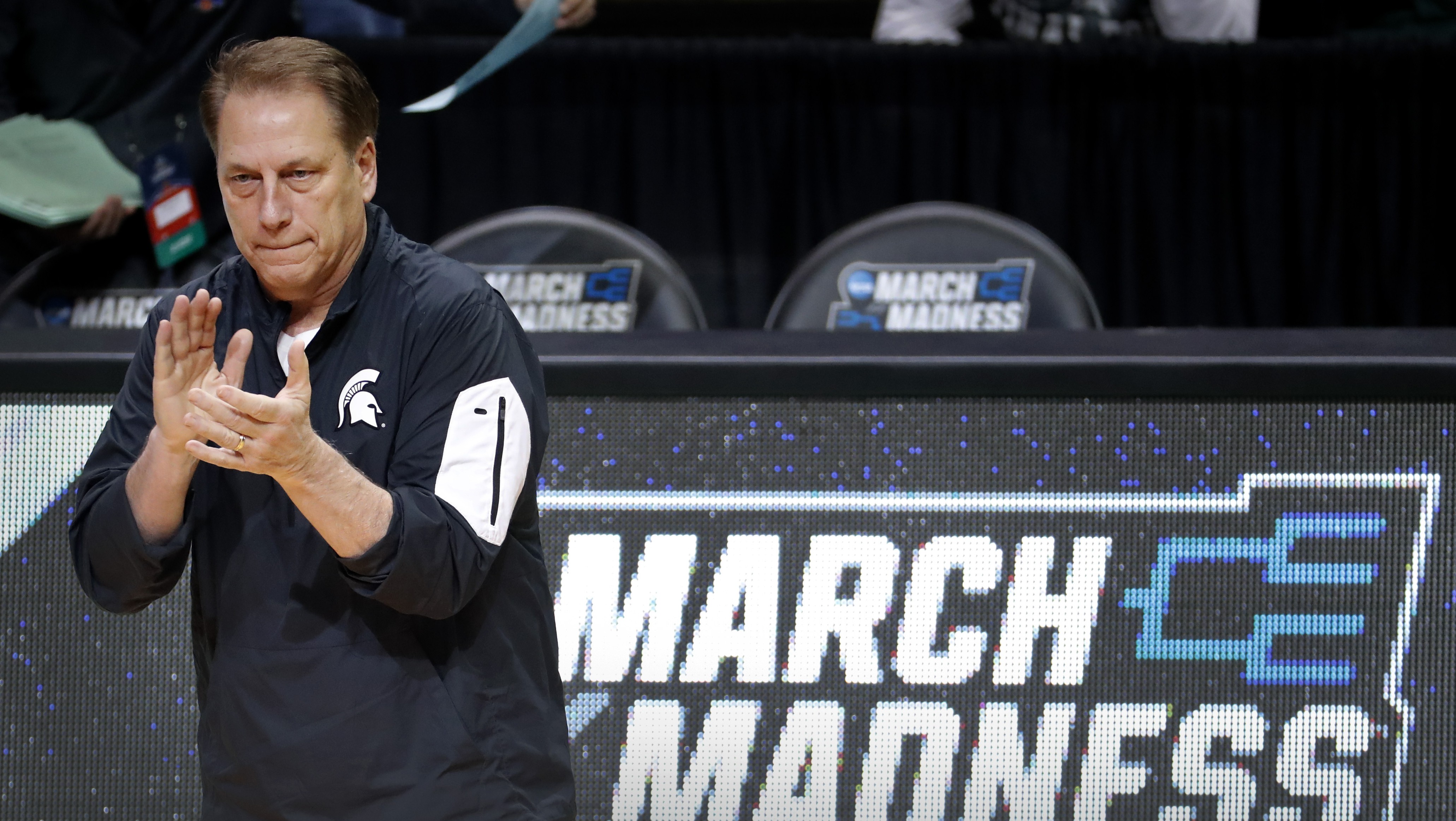 Michigan State head coach Tom Izzo watches during practice ahead of a first-round men's college basketball game in the NCAA Tournament, Thursday, March 17, 2016, in St. Louis. Michigan State plays Middle Tennessee on Friday. (AP Photo/Charlie Riedel)