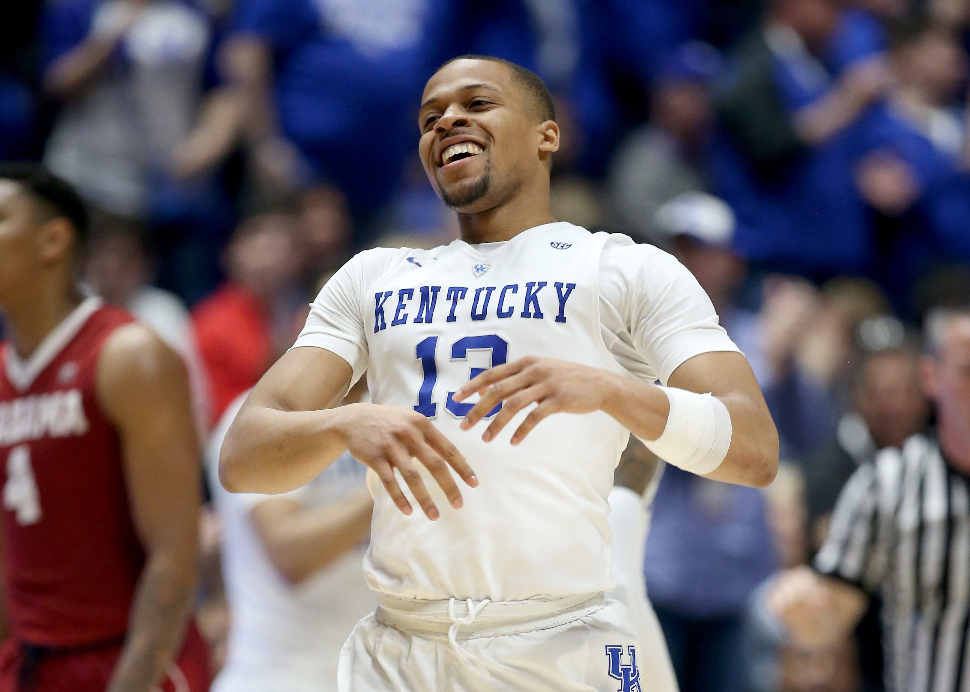 NASHVILLE, TN - MARCH 11: Isaiah Briscoe #13 of the Kentucky Wildcats celebrates in the game against the Alabama Crimson Tide during the quarterfinals of the SEC Basketball Tournament at Bridgestone Arena on March 11, 2016 in Nashville, Tennessee. (Photo by Andy Lyons/Getty Images)