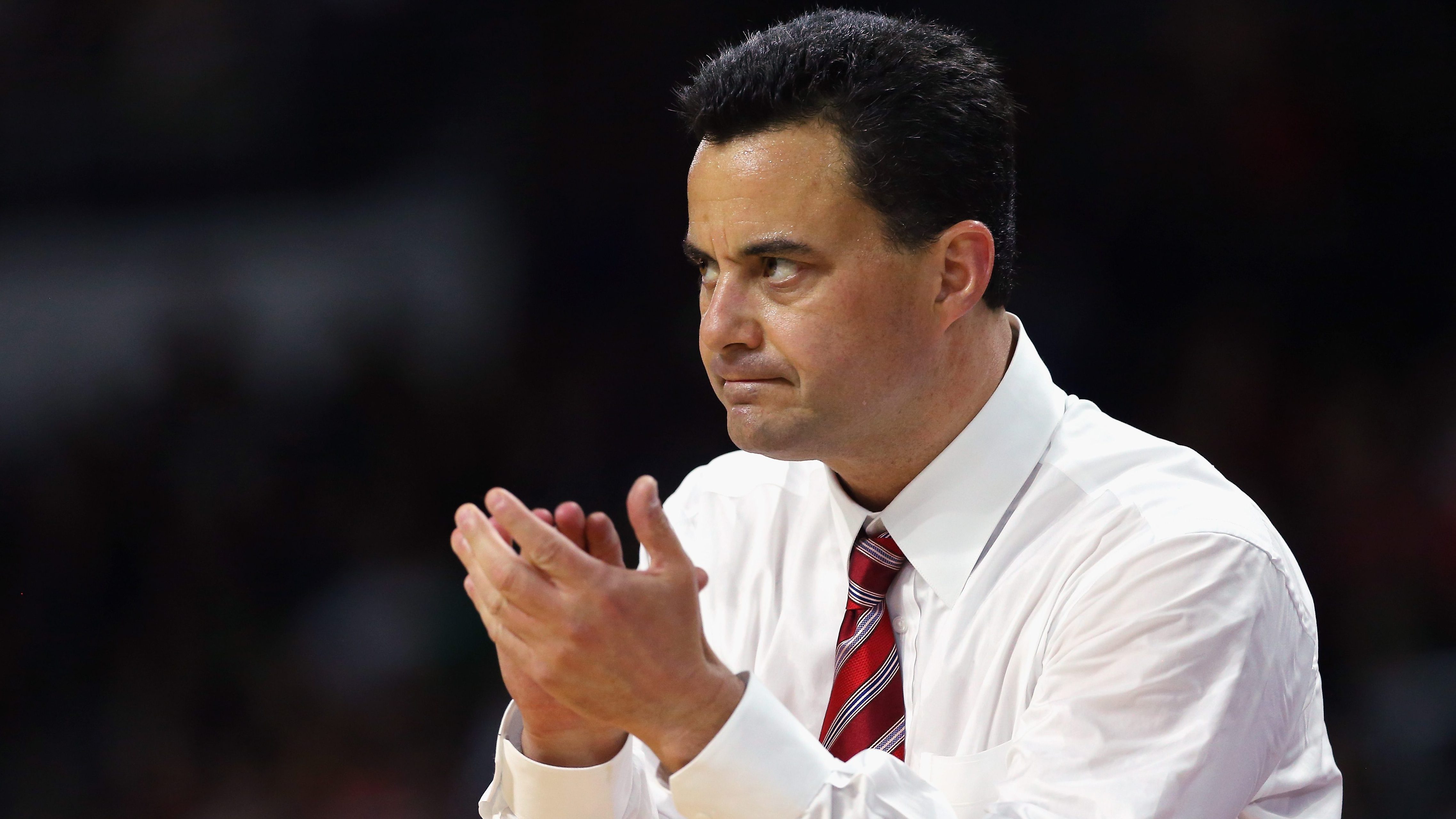 PROVIDENCE, RI - MARCH 17: Head coach Sean Miller of the Arizona Wildcats reacts in the first half against the Wichita State Shockers during the first round of the 2016 NCAA Men's Basketball Tournament at Dunkin' Donuts Center on March 17, 2016 in Providence, Rhode Island. (Photo by Jim Rogash/Getty Images)