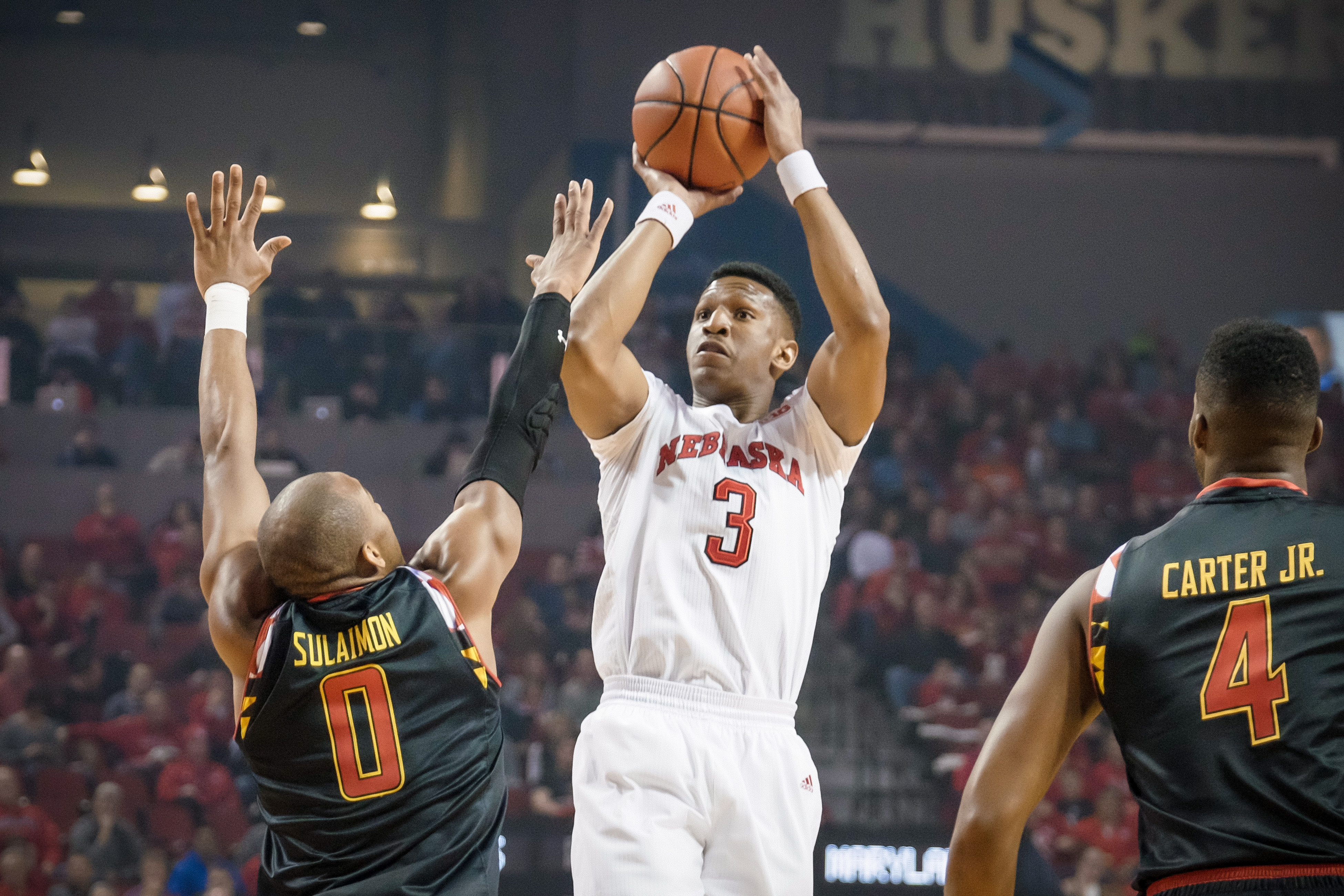 LINCOLN, NE - FEBRUARY 3: Andrew White #3 of the Nebraska Cornhuskers shoots the ball over Rasheed Sulaimon #0 of the Maryland Terrapins during their game at Pinnacle Bank Arena on February 3, 2016 in Omaha, Nebraska. (Photo by Eric Francis/Getty Images)