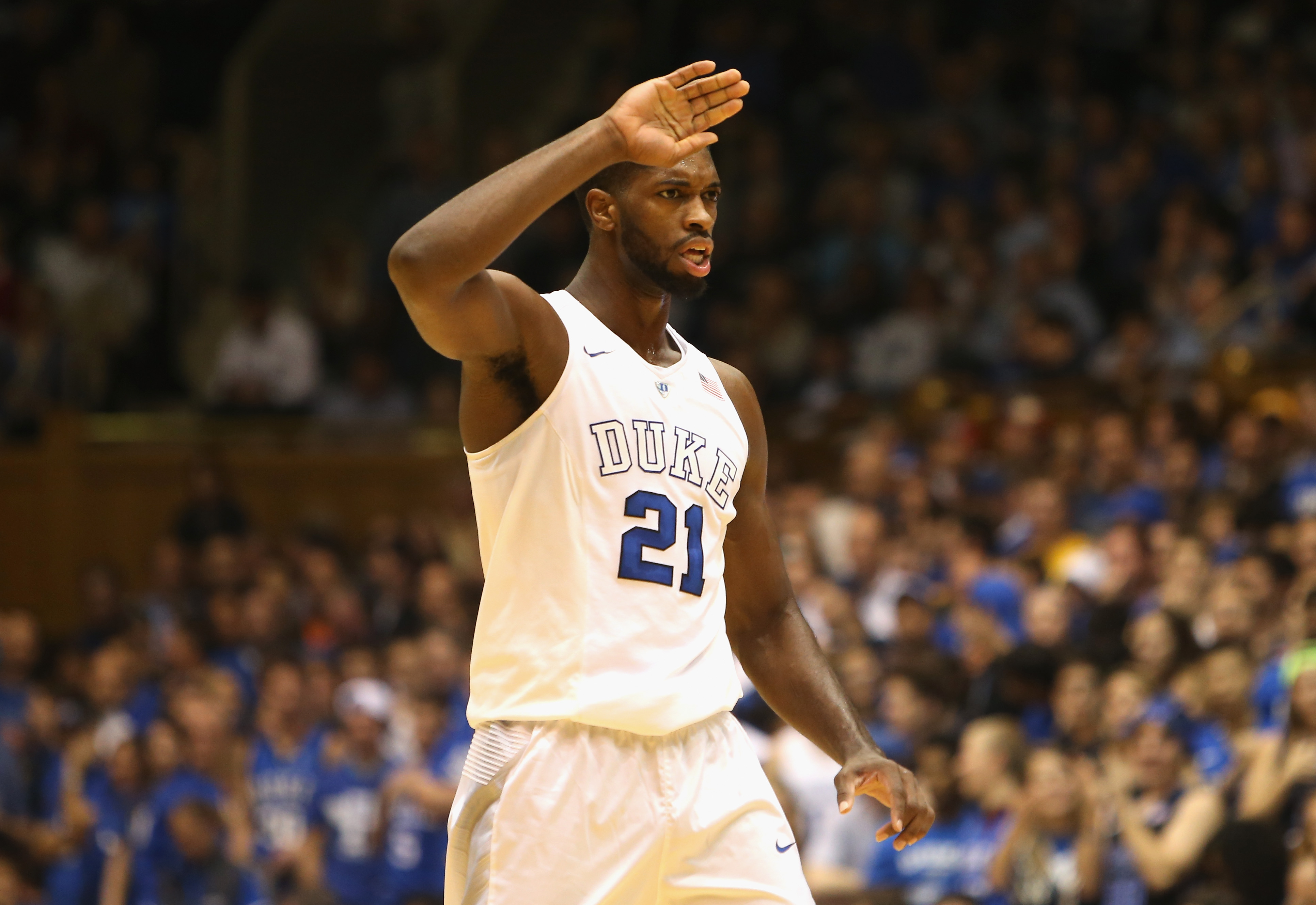 DURHAM, NC - NOVEMBER 13: Amile Jefferson #21 of the Duke Blue Devils during their game at Cameron Indoor Stadium on November 13, 2015 in Durham, North Carolina. (Photo by Streeter Lecka/Getty Images)