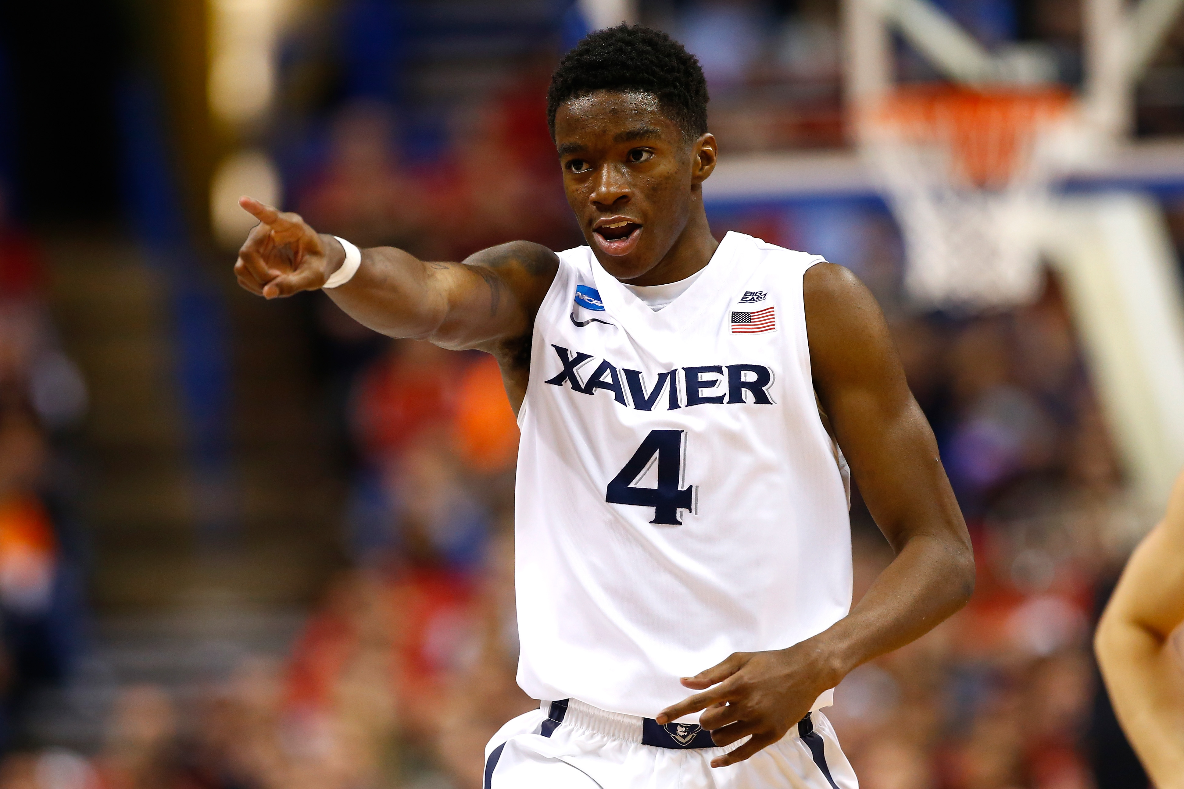 ST LOUIS, MO - MARCH 20: Edmond Sumner #4 of the Xavier Musketeers reacts after a play in the first half against the Wisconsin Badgers during the second round of the 2016 NCAA Men's Basketball Tournament at Scottrade Center on March 20, 2016 in St Louis, Missouri. (Photo by Jamie Squire/Getty Images)