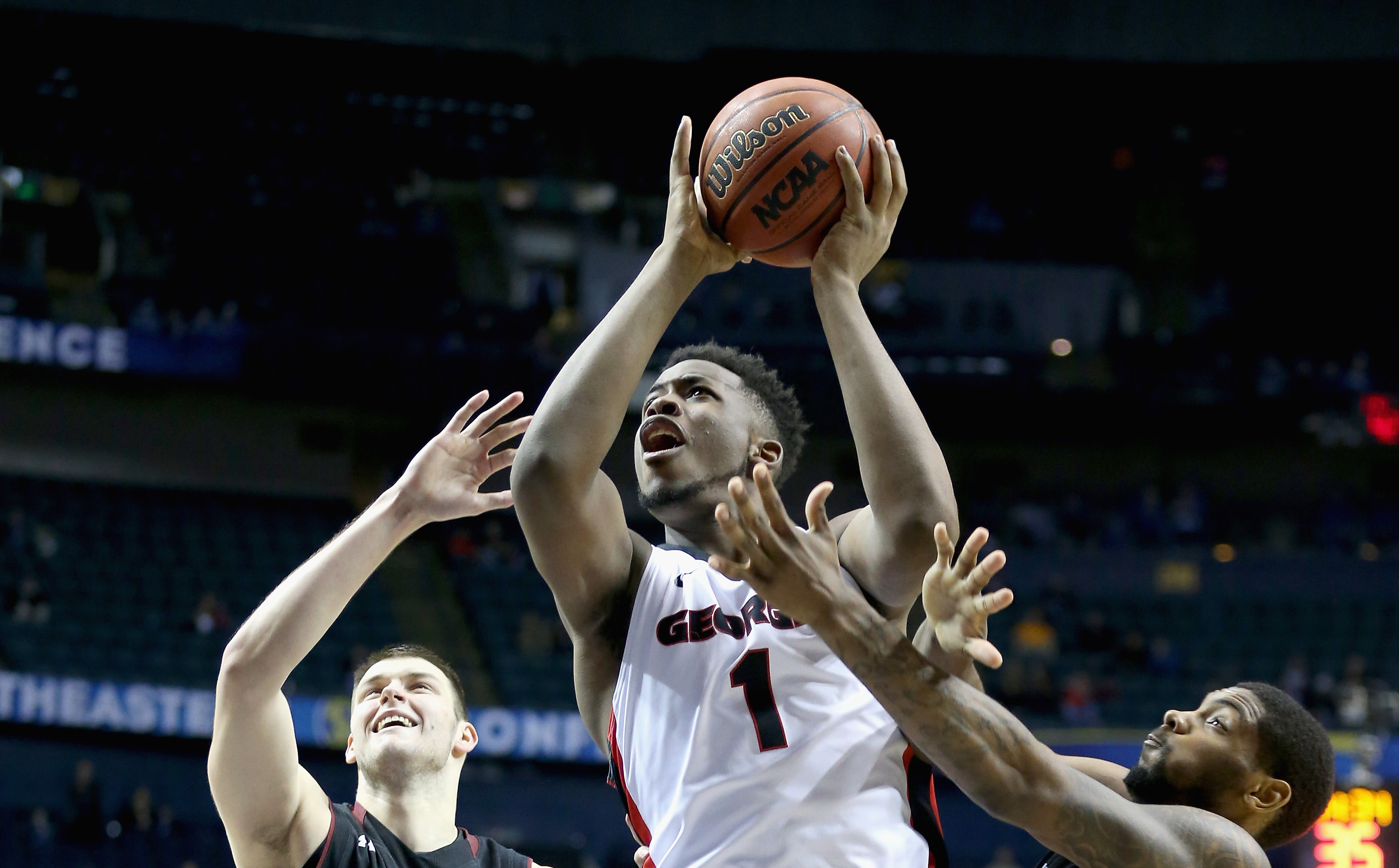 NASHVILLE, TN - MARCH 13: Yante Maten #1 of the Georgia Bulldogs shoots the ball against the South Carolina Gamecocks during the quarterfinals of the SEC Basketball Tournament at Bridgestone Arena on March 13, 2015 in Nashville, Tennessee. (Photo by Andy Lyons/Getty Images)