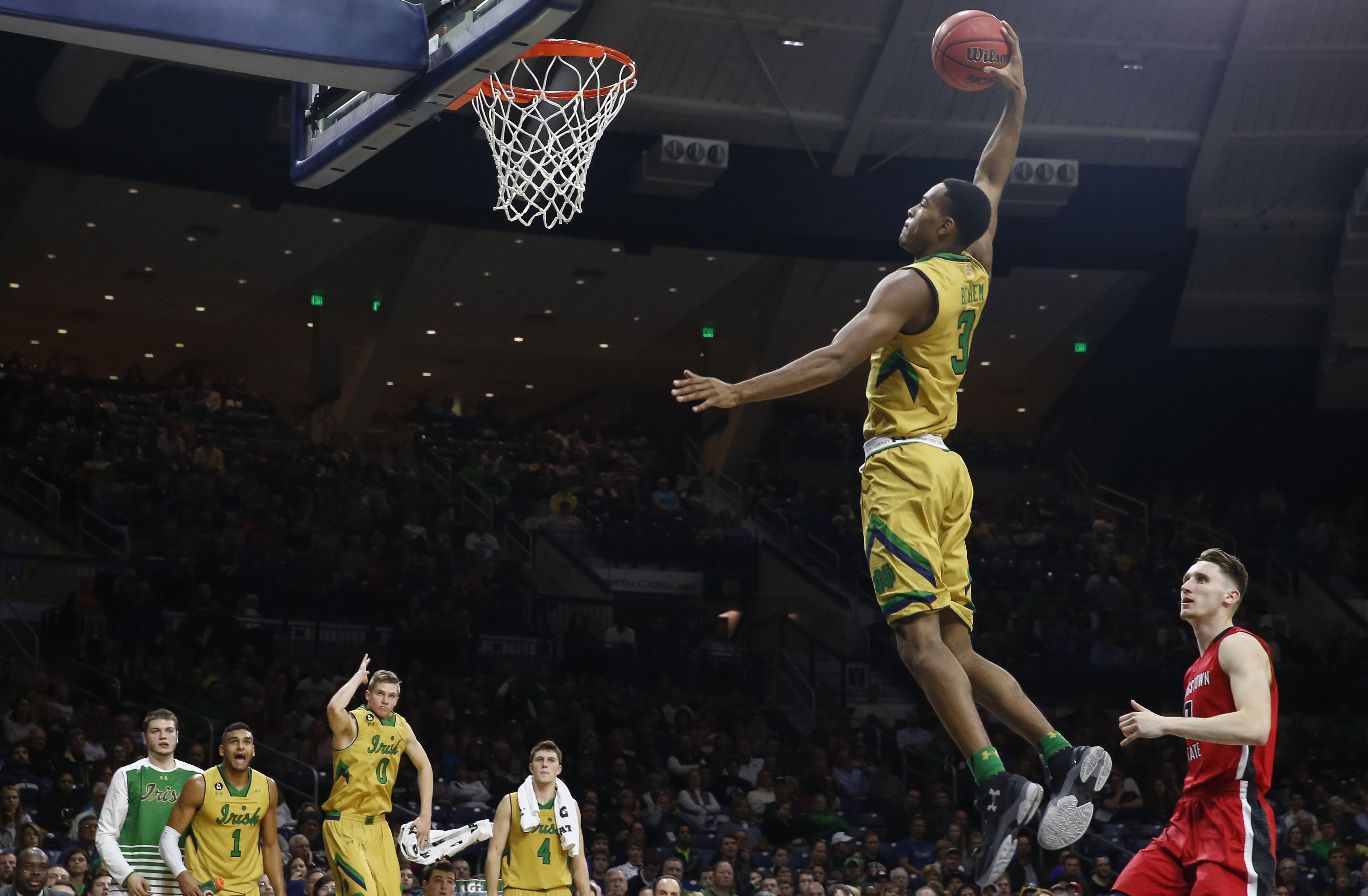 SOUTH BEND, IN - DECEMBER 21: V.J. Beachem #3 of the Notre Dame Fighting Irish jumps through the air for a dunk against the Youngstown State Penguins at Purcell Pavilion on December 21, 2015 in South Bend, Indiana. Notre Dame defeated Youngstown State 87-78. (Photo by Michael Hickey/Getty Images)