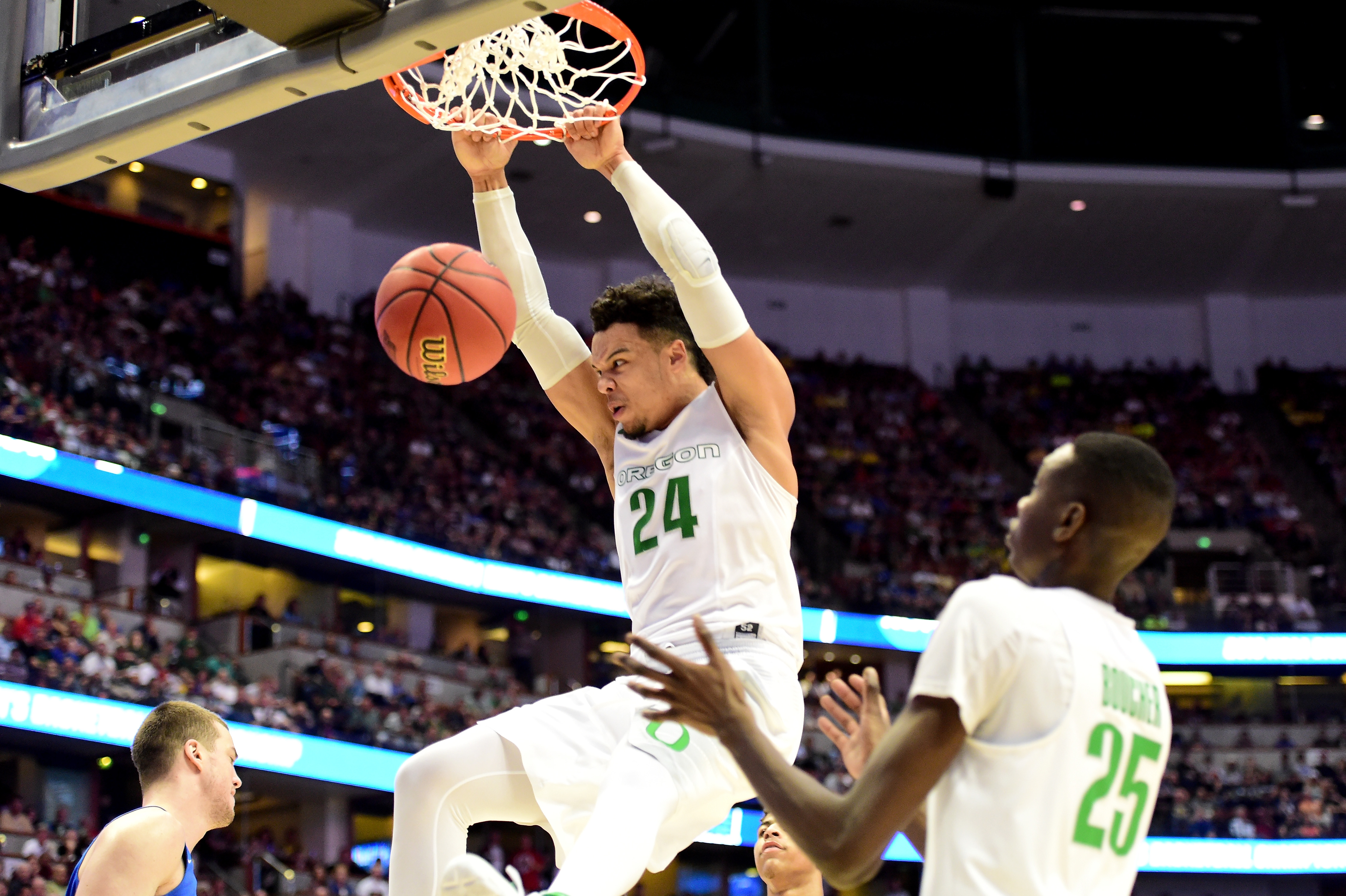 ANAHEIM, CA - MARCH 24: Dillon Brooks #24 of the Oregon Ducks dunks the ball in the first half while taking on the Duke Blue Devils in the 2016 NCAA Men's Basketball Tournament West Regional at the Honda Center on March 24, 2016 in Anaheim, California. (Photo by Harry How/Getty Images)