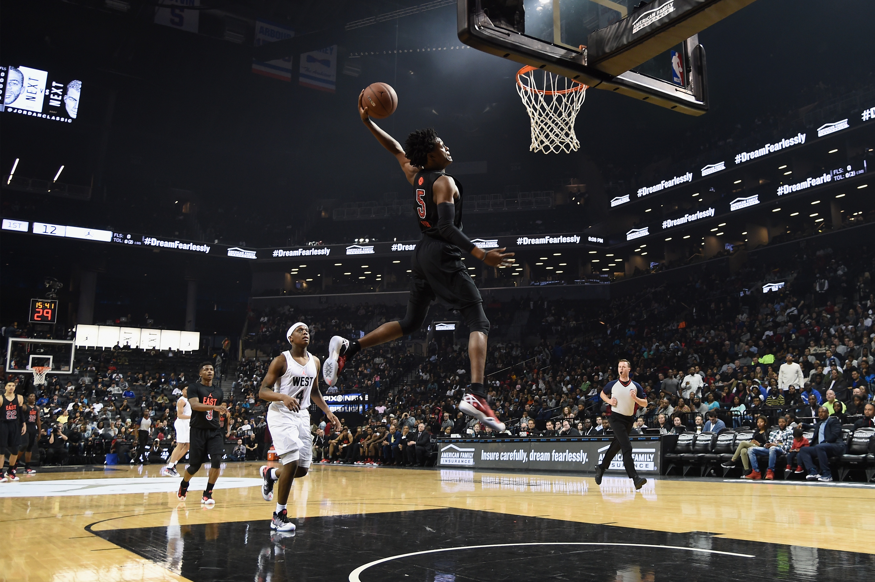 NEW YORK, NY - APRIL 15: East Team MVP DeAaron Fox (Katy, TX) in action during the 15th iteration of the Jordan Brand Classic at Barclays Center on April 15, 2016 in New York City. (Photo by Dave Kotinsky/Getty Images for Jordan Brand )