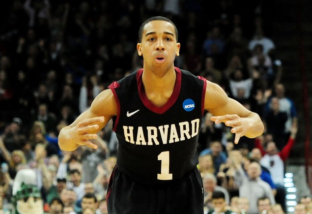 SPOKANE, WA - MARCH 22: Siyani Chambers #1 of the Harvard Crimson reacts in the second half against the Michigan State Spartans during the Third Round of the 2014 NCAA Basketball Tournament at Spokane Veterans Memorial Arena on March 22, 2014 in Spokane, Washington. (Photo by Steve Dykes/Getty Images)