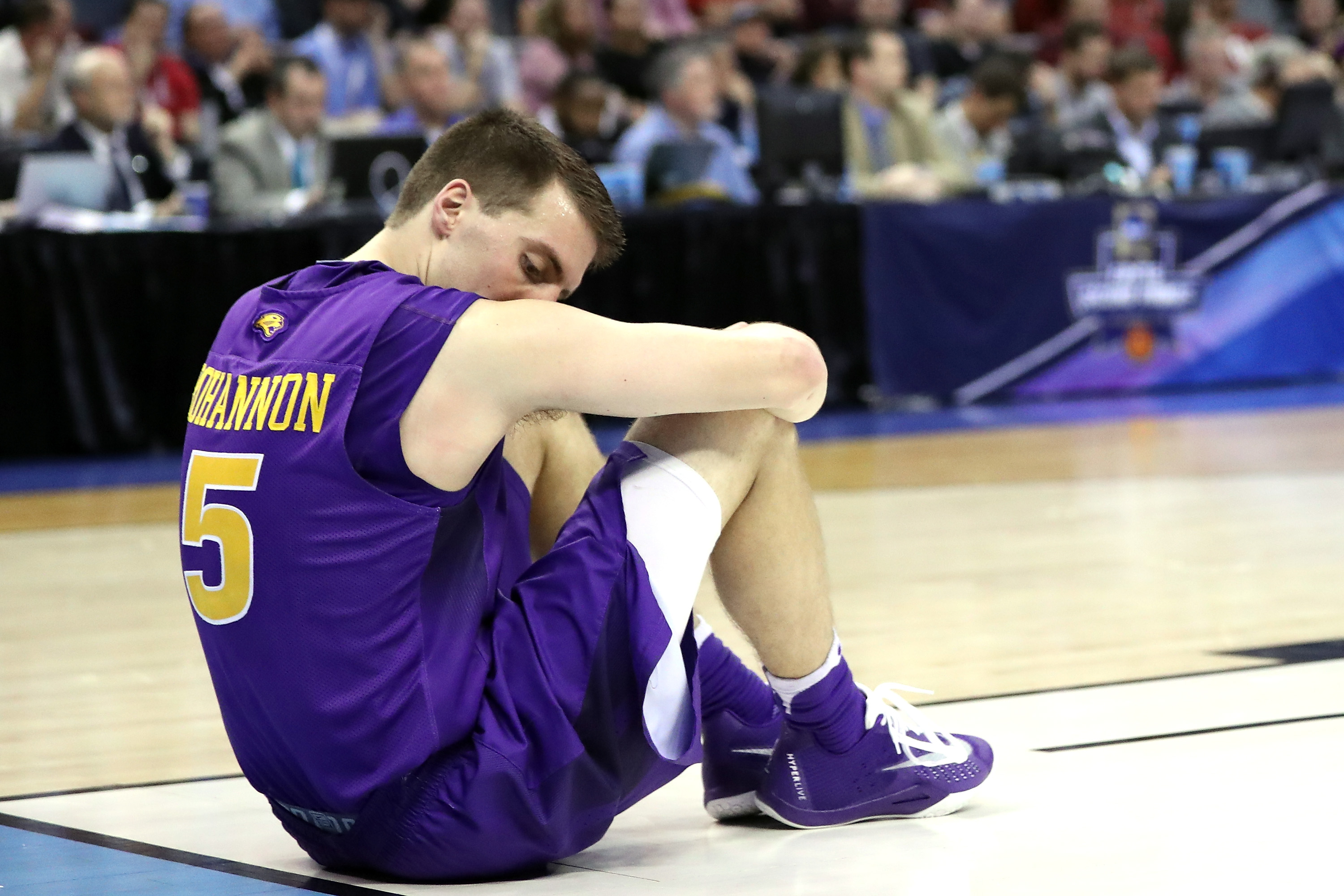OKLAHOMA CITY, OK - MARCH 20: Matt Bohannon #5 of the Northern Iowa Panthers sits on the court after a play in the second half against the Texas A&M Aggies during the second round of the 2016 NCAA Men's Basketball Tournament at Chesapeake Energy Arena on March 20, 2016 in Oklahoma City, Oklahoma. (Photo by Ronald Martinez/Getty Images)